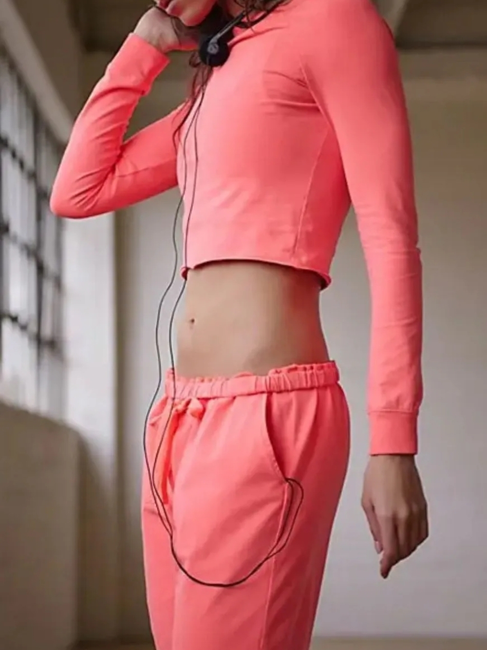 Free People Hot Shot Cropped Sweatshirt and Drawstring Shorts in Neon Coral